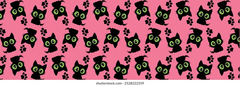 Seamless pattern with the image of a silhouette of a cat with green eyes and its footprints isolated on a pink background. Vector illustration.