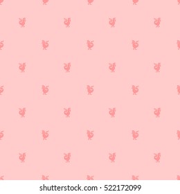 Seamless pattern with the image of a silhouette of a rooster. The symbol of the new year. Coral rooster silhouette on a pale coral peach background.