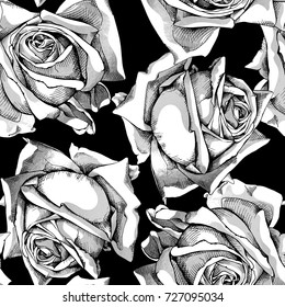 Seamless pattern with image of a silver Rose flowers on a black background. Vector illustration.