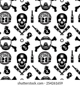 Seamless pattern with image of skull and crossbones with a helmet. Black print on a white background.