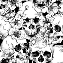 Seamless Pattern With Image A Skull And With Flowers Cherry. Vector Illustration.