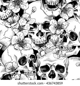 Seamless pattern with image a skull and with flowers cherry. Vector illustration.