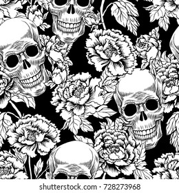 Seamless pattern with image a skull and with flowers peony. Vector illustration. Day of the Dead gold Skull. Tattoo style Grunge Rock And Roll Fashion. Textile fabric design.