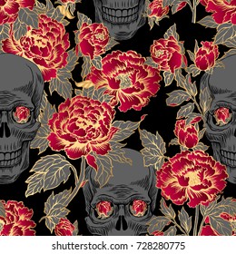 Seamless pattern with image a skull and with flowers peony. Vector illustration. Day of the Dead gold Skull. Tattoo style Grunge Rock And Roll Fashion. Textile fabric design.