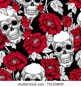 Seamless pattern with image a skull and with flowers peony. Vector illustration. Day of the Dead gold Skull. Tattoo style Grunge Rock And Roll Fashion. Textile fabric design.