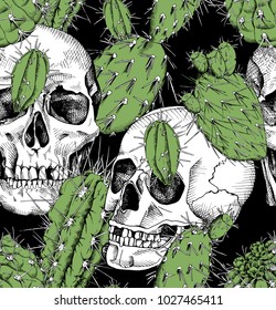 Seamless pattern with image of a skull and a green different cacti on a black background. Vector illustration.