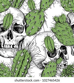 Seamless pattern with image of a skull and a green different cacti on a white background. Vector illustration.