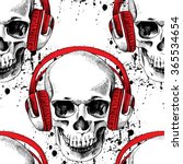 Seamless pattern with image of a skull in headphones on white background. Vector illustration.