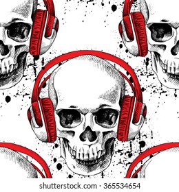 Seamless pattern with image of a skull in headphones on white background. Vector illustration.