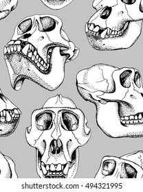 Seamless pattern with image of a Skull Monkey on a gray background. Vector illustration.
