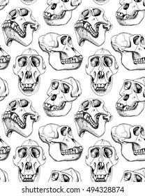 Seamless pattern with image of a Skull Monkey. Vector black and white illustration.