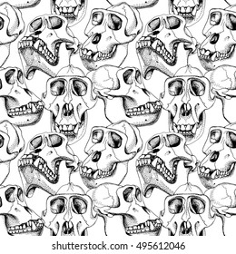 Seamless pattern with image of a skull monkey. Vector black and white illustration.