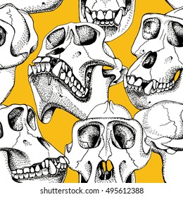 Seamless pattern with image of a skull monkey on a yellow background. Vector illustration.