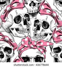 Seamless pattern with image a skull in a pink headband. Vector illustration.