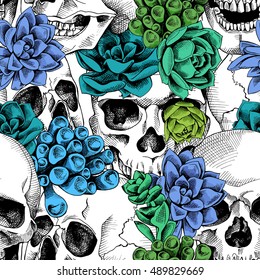 Seamless pattern with image of a skull and Succulent plant. Vector illustration.