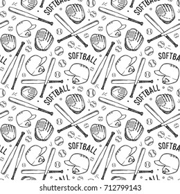 Seamless pattern with image of softball equipment. Black pattern on white background.