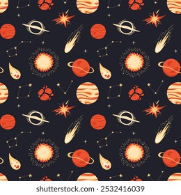 Seamless pattern with the image of space elements. Planets, stars, comets, asteroids, constellations. Flat vector illustration.