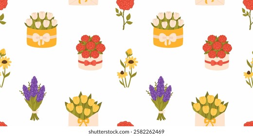 Seamless pattern with the image of spring flowers. Bouquets of roses, tulips, lilacs, lavender. Flat vector illustration.
