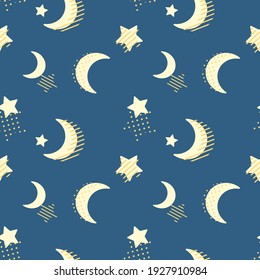 Patrón sin brillo con la imagen de las estrellas y la luna con un adorno. Diseño para textiles, papel y decoración.