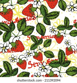 Seamless pattern with an image of strawberry leaves, flowers and fruits.  The template can be used for packaging, printing on cups, bags, wallpaper, textiles.