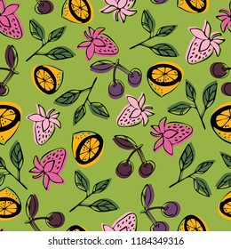 Seamless pattern with the image of Strawberry. Vector illustration. Design can be used for textiles, wallpaper, clothing, wrapping paper.