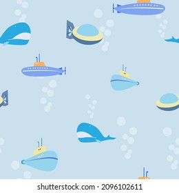 seamless pattern with the image of submarines and whales in children's cartoon style for prints on fabrics, packaging and for decorating the backgrounds of children's cards and interiors