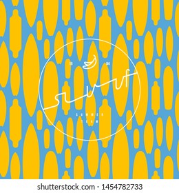 Seamless pattern with image of surfboard and skateboard silhouettes. Emblem for t-shirt. Bright color background