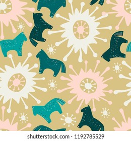Seamless pattern with the image of sweet horse. Vector illustration. Design can be used for textiles, wallpaper, clothing, wrapping paper.