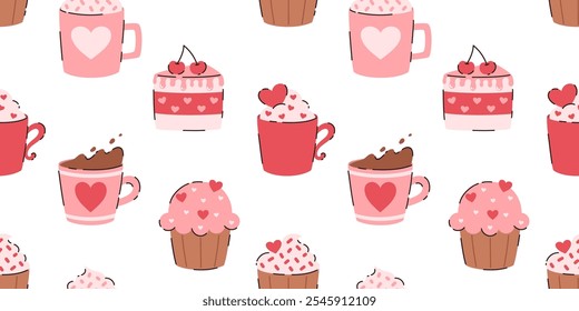 Seamless pattern with the image of sweets and cups of hot chocolate. Flat vector illustration.