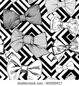 Seamless pattern with image of a tie and bow on a geometric background. Vector black and white  illustration.