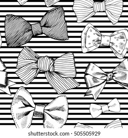 Seamless pattern with image of a tie and bow on a geometric striped background. Vector black and white  illustration.