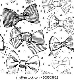 Seamless pattern with image of a tie and bow on a polka dot background. Vector black and white  illustration.