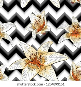Seamless pattern with image tiger lily flowers on a depth geometric black and white background. Modern wallpaper, decoration or gift box paper vector illustration.