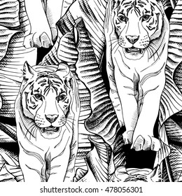 Seamless pattern with image of a tiger walking in banana leaves. Vector black and white illustration.