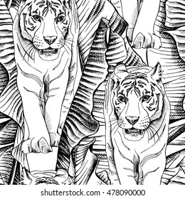 Seamless pattern with image of a tiger walking in banana leaves. Vector black and white illustration.