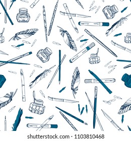 Seamless pattern with image tools for a calligrapher. Drawn in a graphic style, line and silhouette. Can be used for textile, stationary, backgrounds and wallpaper.