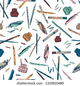 Seamless pattern with image tools for a calligrapher. Drawn in a graphic style, line and silhouette. Can be used for textile, stationary, backgrounds and wallpaper.