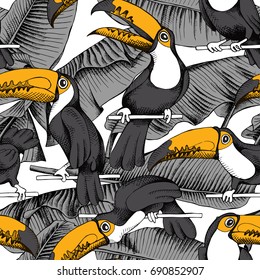 Seamless pattern with image Toucan birds on a perch and Banana leaves. Vector illustration.