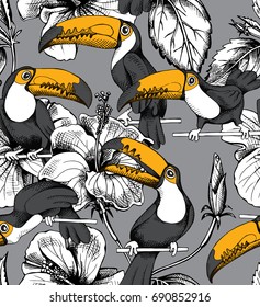 Seamless pattern with image Toucan birds on a perch, Hibiscus flowers and leaves. Vector illustration.