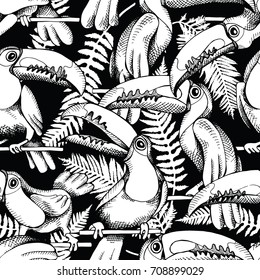 Seamless pattern with image of a Toucan birds and a Fern leaves. Vector black and white illustration.