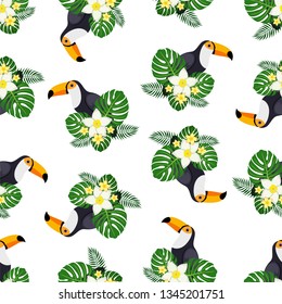 Seamless pattern with the image of Toucan and palm leaves with flowers. Vector illustration