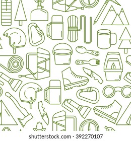 Seamless pattern with the image of tourism and mountaineering equipment. Mountain tourism. Mountaineering. Hiking.