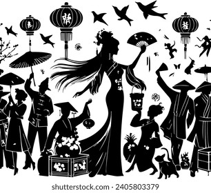 Patrón sin brillo con la imagen de los personajes chinos tradicionales. Silhouette de Feliz Año Nuevo Chino.