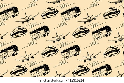 seamless pattern with the image of transport such us airplane, train, bus in the style of hand drawn