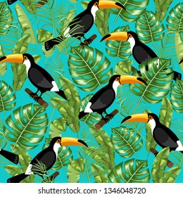 Seamless pattern with the image of tropical leaves. Floral ornament. Vector.