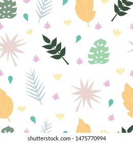 Seamless pattern with the image of tropical leaves. Vector illustration.