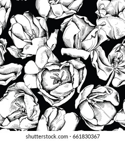 Seamless pattern with image of a Tulip Flowers. Vector black and white illustration.