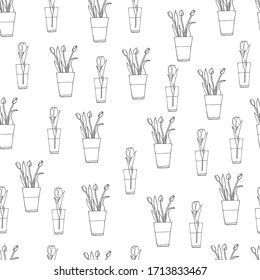 Patrón transparente con la imagen de los tulipanes. Monocromo, negro y blanco, vector, doodle. Para decoración, embalaje, diseño.