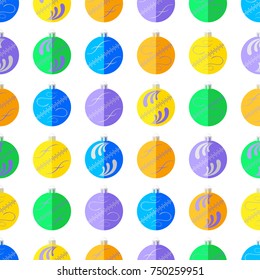 Seamless pattern with  image of various colorful flat New Year tree spherical toy on white background. Christmas decoration.