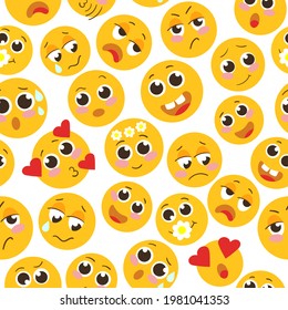 Seamless pattern with the image of various emojis. Design for paper, textile and decor. Vector illustration.